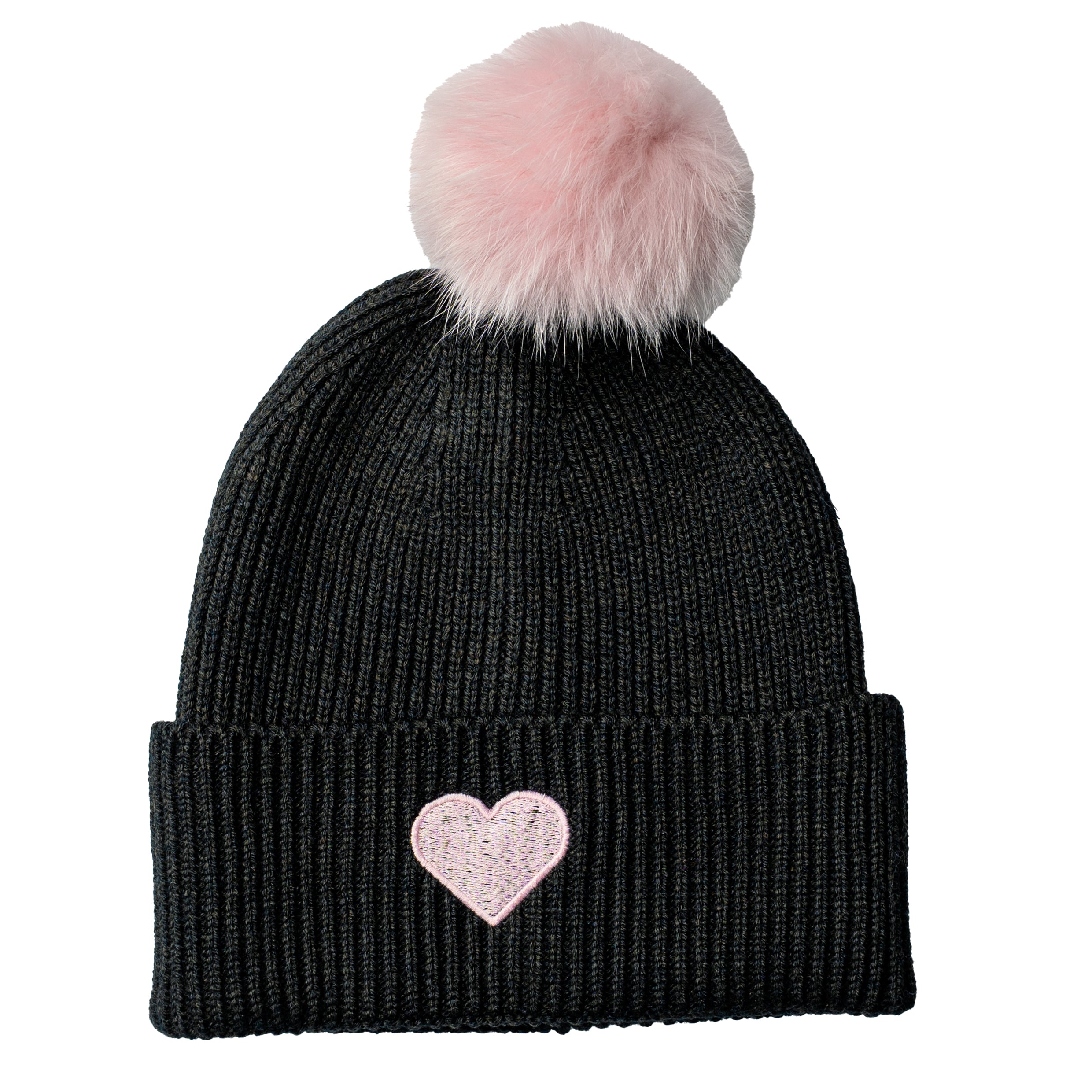 Herz Beanie mit Bommel Charcoal | Rosa